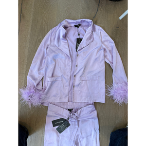 Nadine Merabi Lavender Feather Trim Pyjama Set in Purple